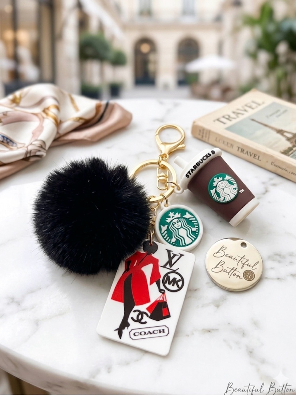 Custom Black Pom Pom Keychain with Coffee & Fashion Charms